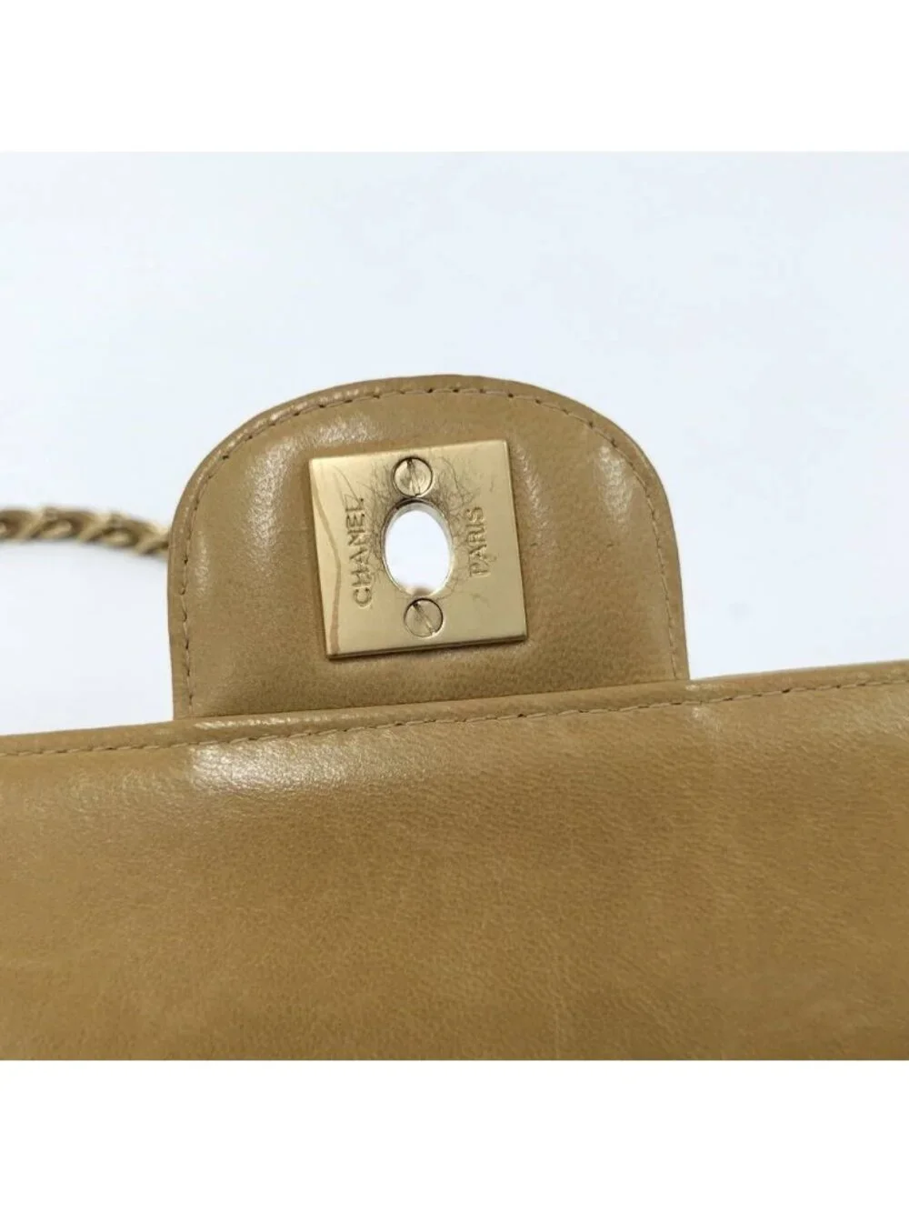 Chanel Chain Shoulder Bag Choedge Coat Turnlock Lambskin Leather Beige